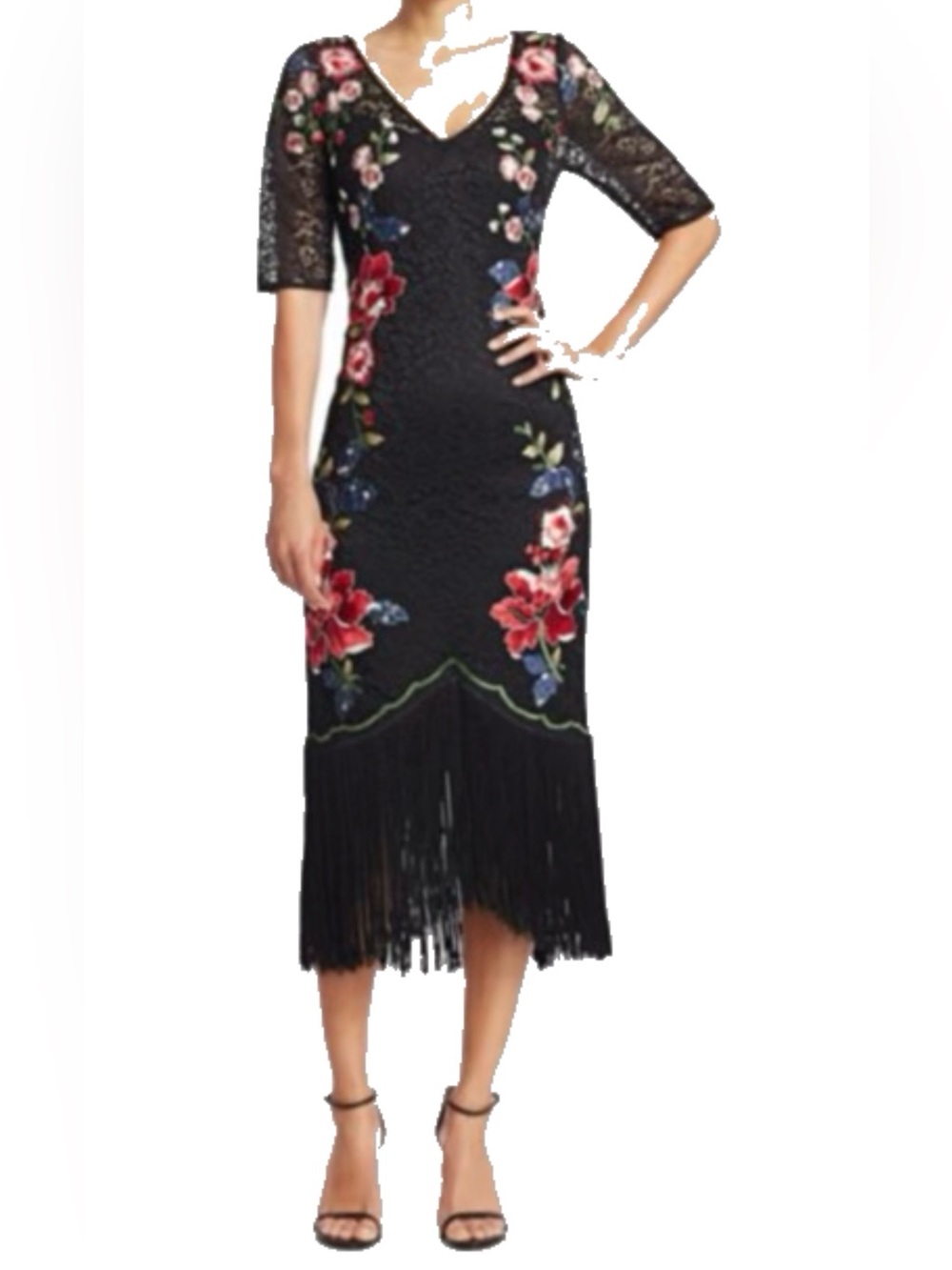 Black Lace Midi Dress with Red Floral Embroidery and Fringe Hem